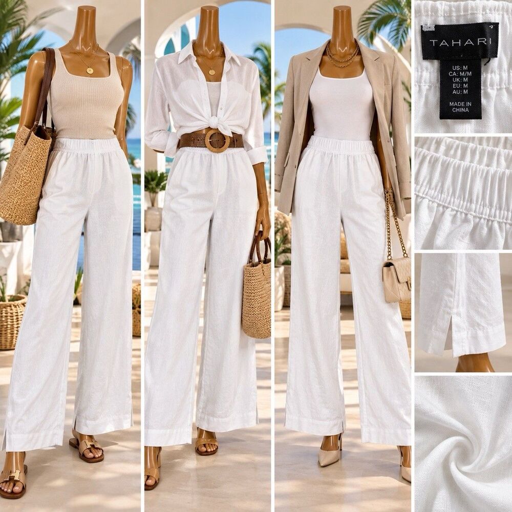 Tahari Essentials Women’s Medium 100% Linen White Wide Leg Pull On Pants 14” W